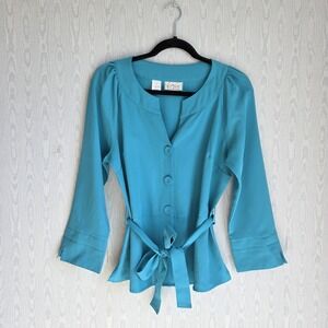 Vtg Y2K Kathy‎ Che S Stretch Belted Button Down Tie Waist Blue Blouse Top Career